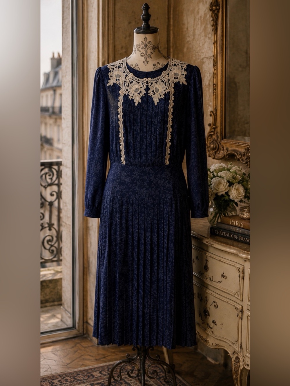 Vintage Scott McClintock Navy Lace Pleated Midi Dress Cottagecore Victorian